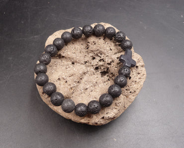 Bracelet en pierre de lave véritable 8 mm + 1 breloque croix en pierre