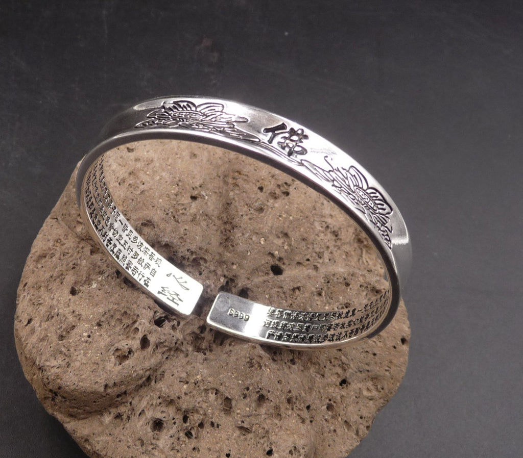 Bracelet en argent 999 Fleur de Lotus Spiritualité Bouddha Méditation Sutra
