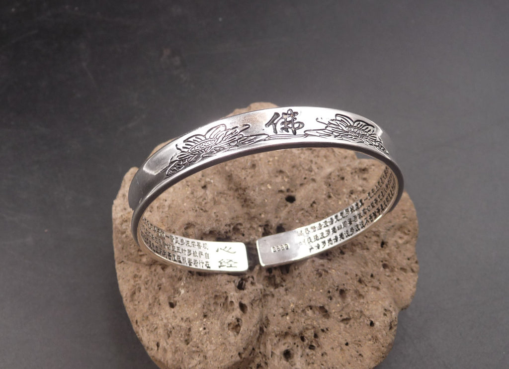 Bracelet en argent 999 Fleur de Lotus Spiritualité Bouddha Méditation Sutra