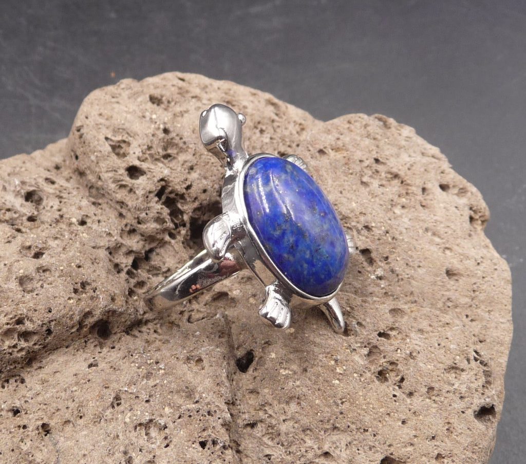 Bague tortue en Lapis Lazuli d'Afghanistan - Taille réglable