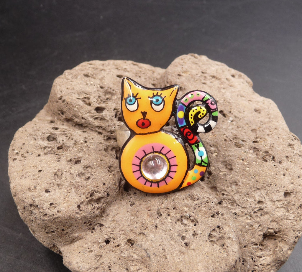 Bague chat multicolore en étain et acier inoxydable