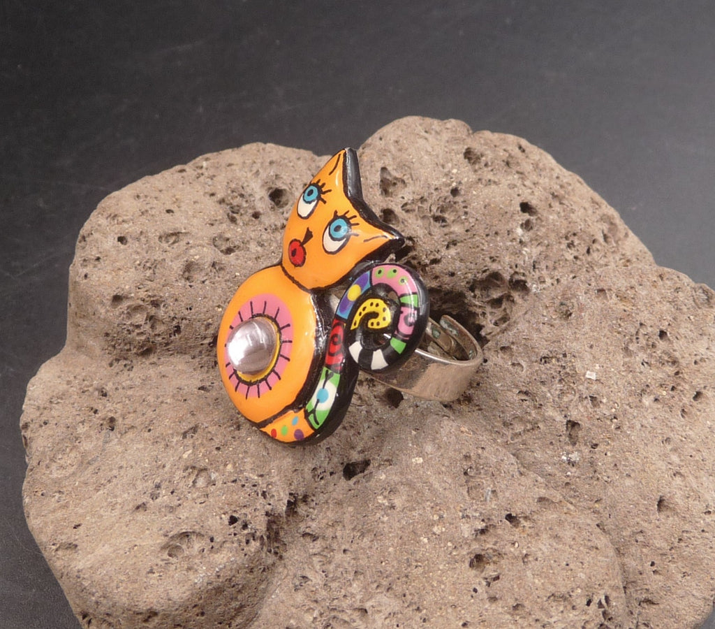 Bague chat multicolore en étain et acier inoxydable