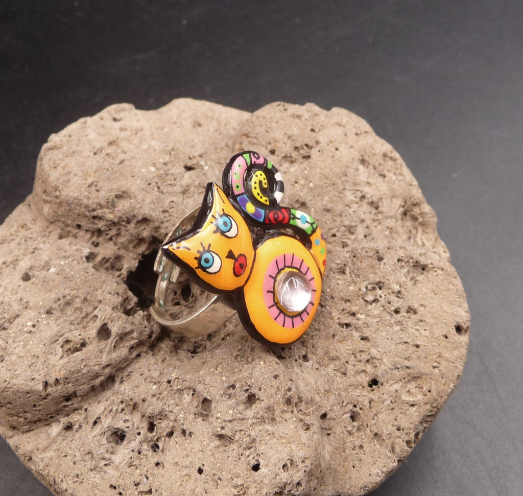 Bague chat multicolore en étain et acier inoxydable