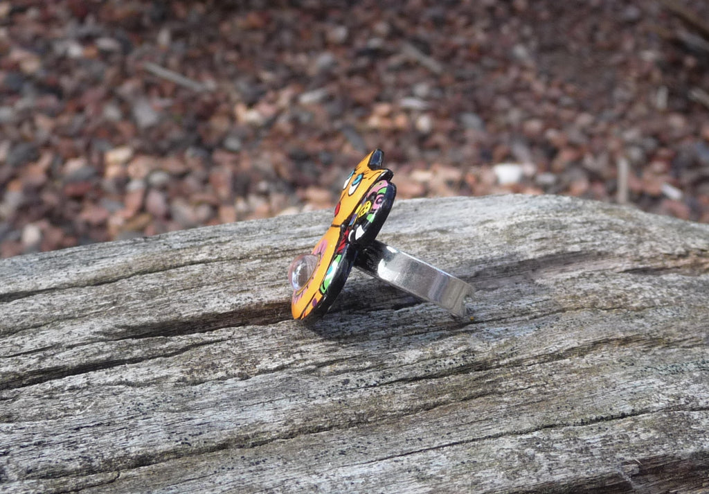 Bague chat multicolore en étain et acier inoxydable