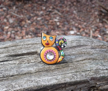 Bague chat multicolore en étain et acier inoxydable