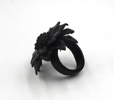 Bague Vintage en cuir marguerite fleur noire taille réglable