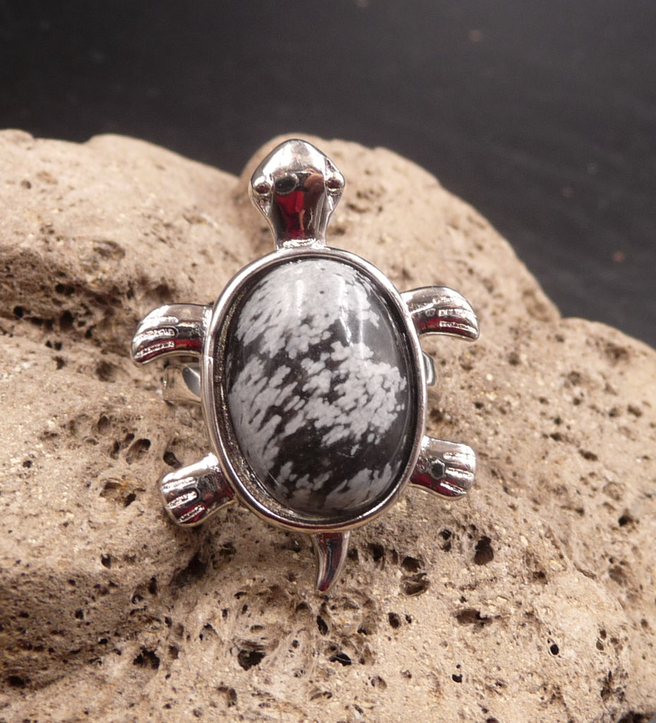 Bague tortue en Obsidienne Neige - Taille réglable