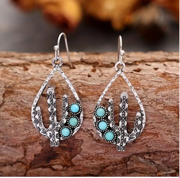 Boucles d'oreilles Cactus en argent Tibétain et Howlite Turquoise