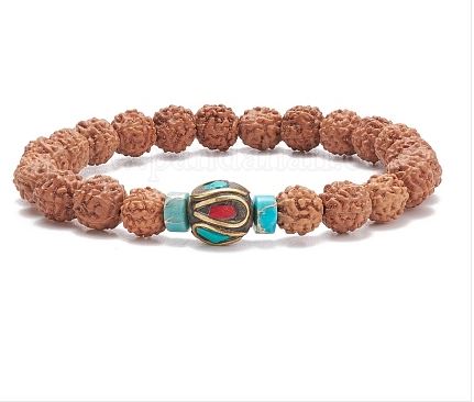 Bracelet mala en graines de Rudraksha, Jaspe Impérial, Turquoise et Corail