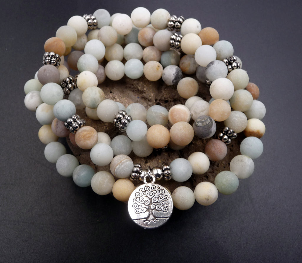 Bracelet Mala 108 perles en Amazonite - Symbole arbre de vie
