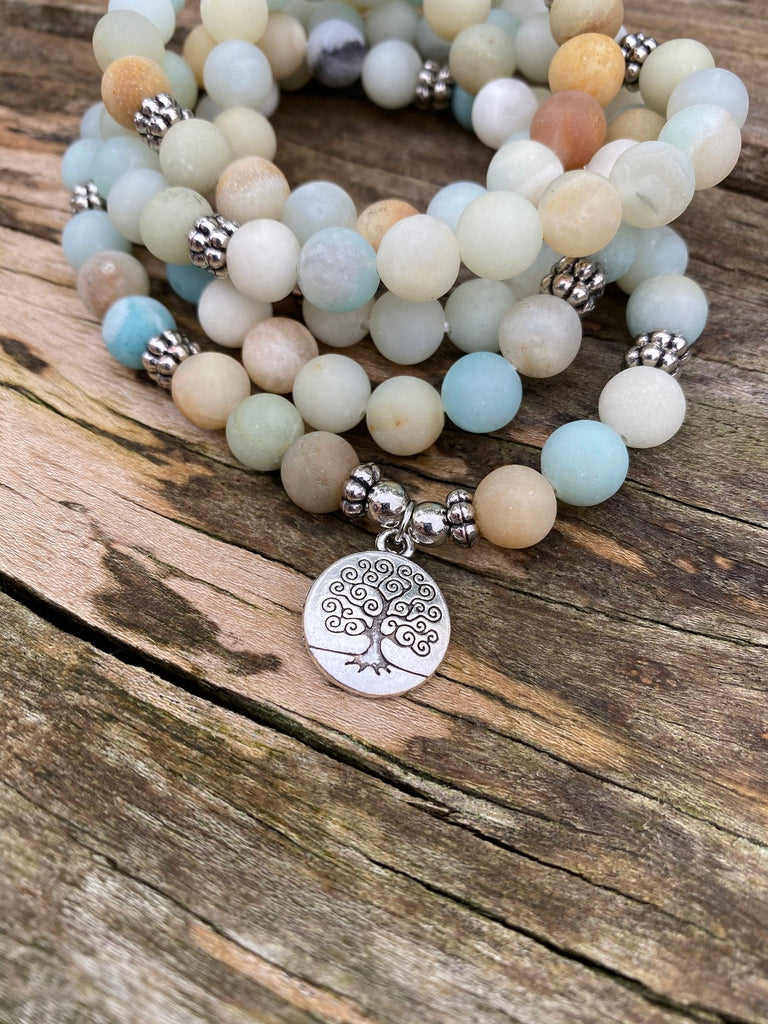 Bracelet Mala 108 perles en Amazonite - Symbole arbre de vie