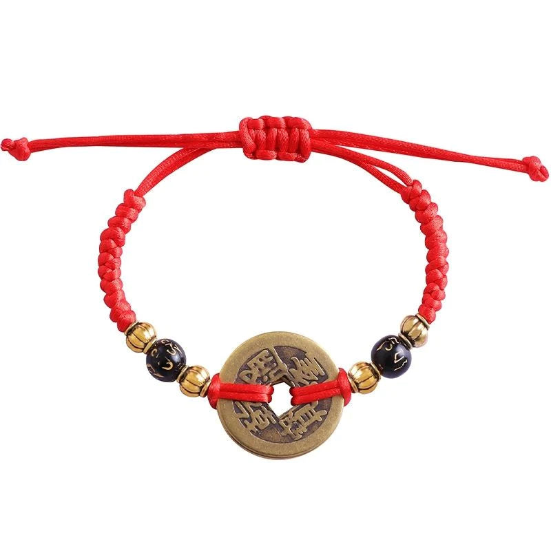 Bracelet de pièces chinoises porte-bonheur - Cinq pièces Feng shui de l’empereur