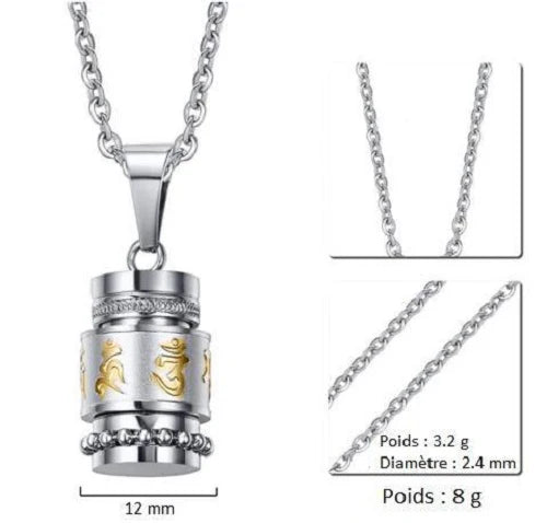 Collier Pendentif Moulin à Prières Tibétain mantra "Om Mani Padme Hum"