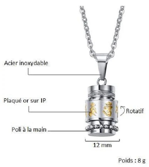 Collier Pendentif Moulin à Prières Tibétain mantra "Om Mani Padme Hum"