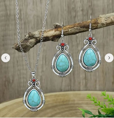 Parure boucles d'oreilles + collier "Âgo" en argent Tibétain et Howlite Turquoise