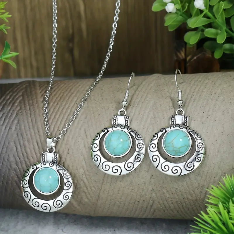 Parure boucles d'oreilles + collier "Dhâni" en argent Tibétain et Howlite Turquoise