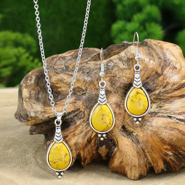 Parure boucles d'oreilles + collier "Sitâ" en argent Tibétain et Jaspe Jaune