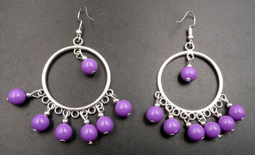 Boucles d'oreilles ethniques orientales pampilles mauves crochets en argent 925