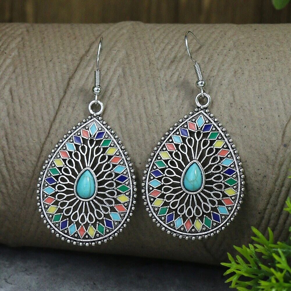 Boucles d'oreilles multicolores "Lahara" en argent Tibétain et Howlite Turquoise