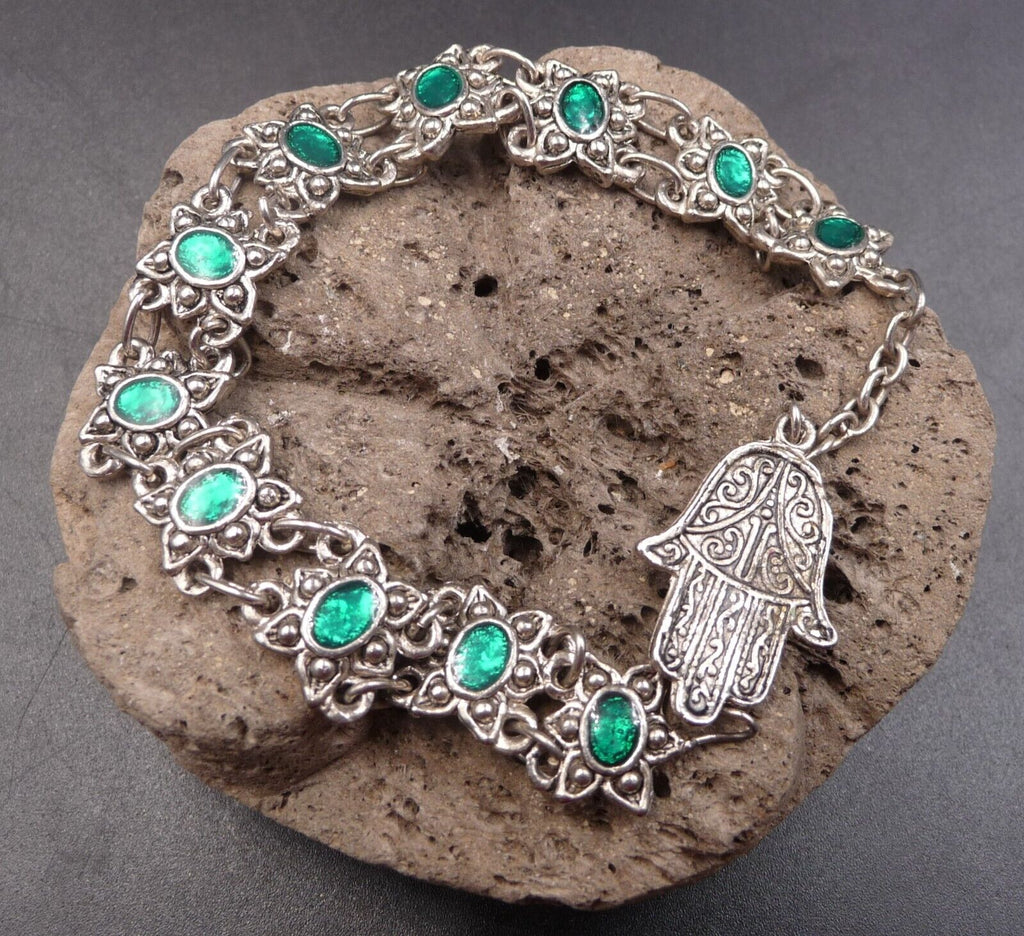Bracelet oriental main de Fatma porte bonheur en argent et nacre vert émeraude