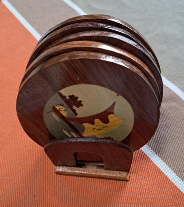 5 sous-verres et leur support en bois marqueterie de Madagascar