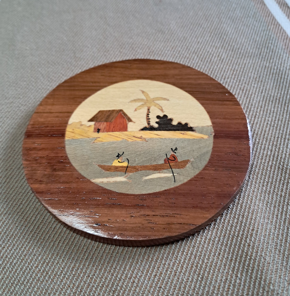 5 sous-verres et leur support en bois marqueterie de Madagascar