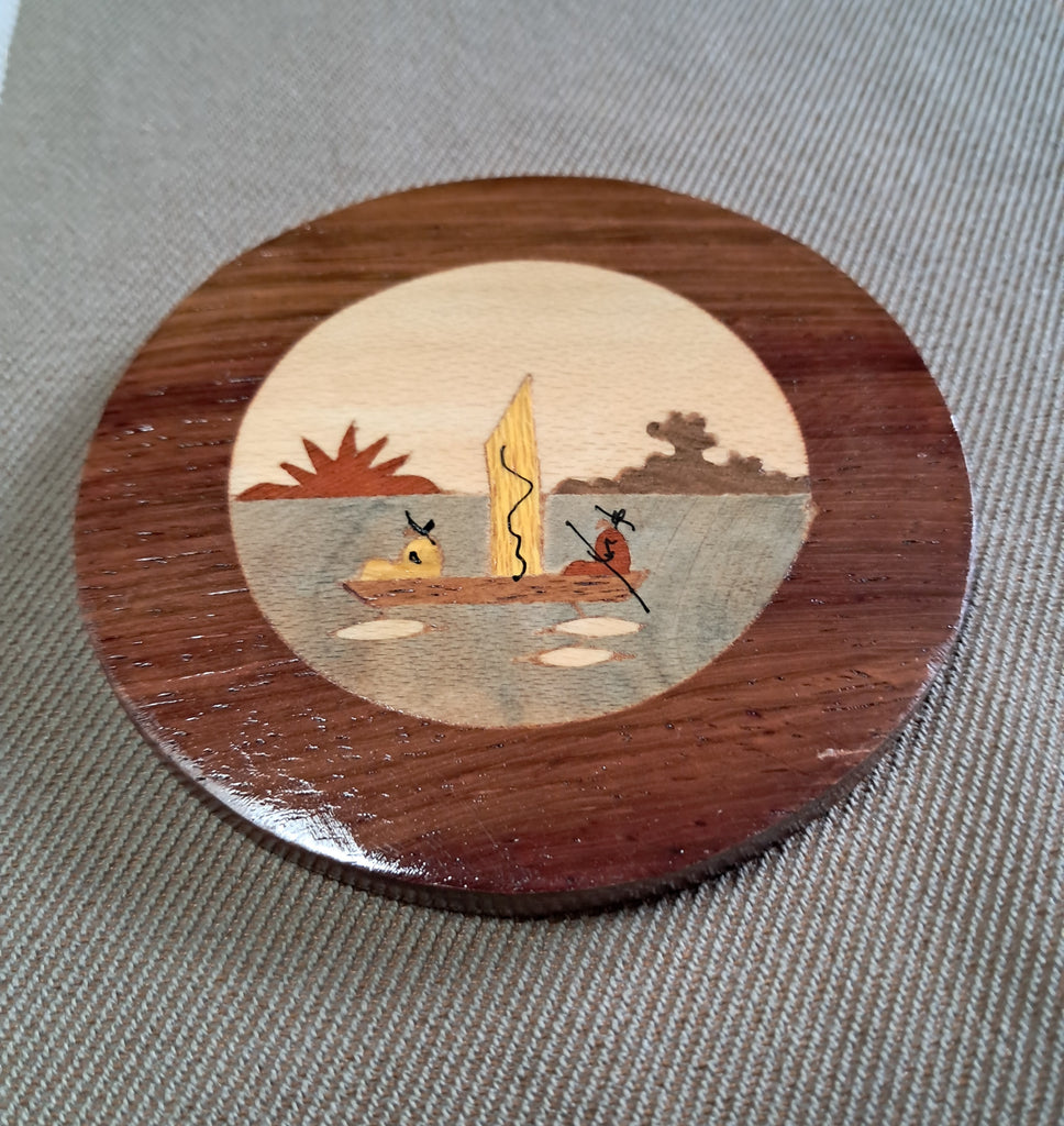 5 sous-verres et leur support en bois marqueterie de Madagascar