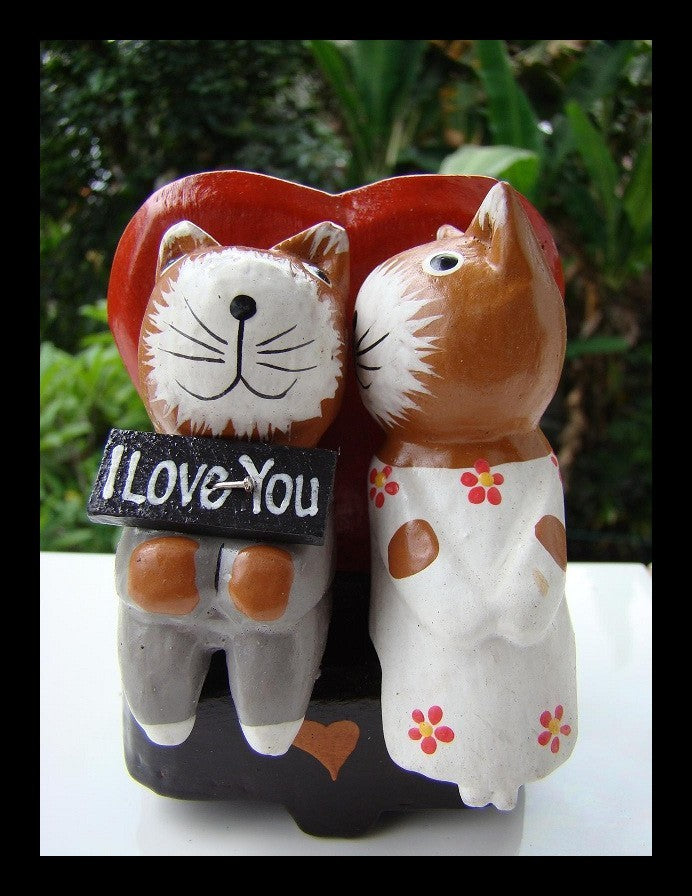 Couple de chats en bois peint I love you