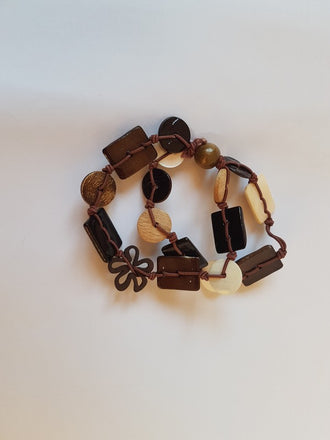 Double bracelet élastique ethnique en bois, nacre et pierre taille unique