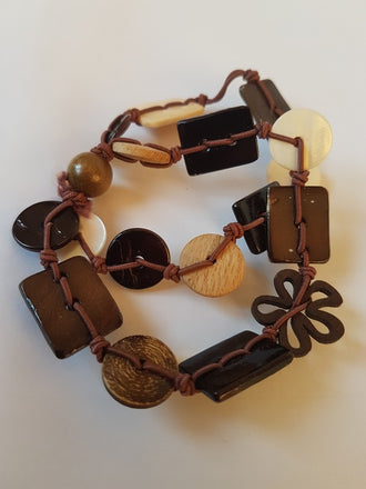 Double bracelet élastique ethnique en bois, nacre et pierre taille unique