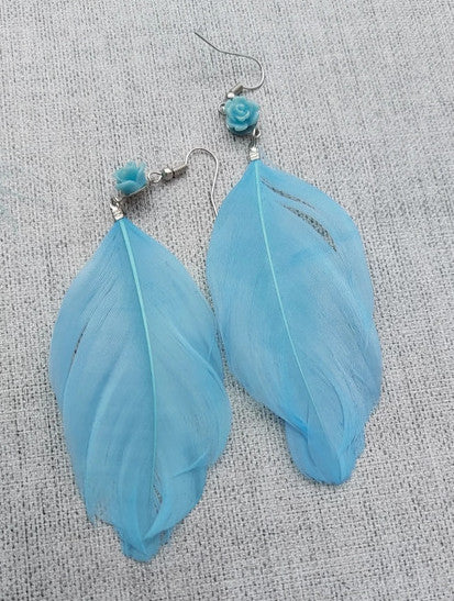 Boucles d'oreilles Amérindiennes plume bleu ciel - Crochets en argent 925