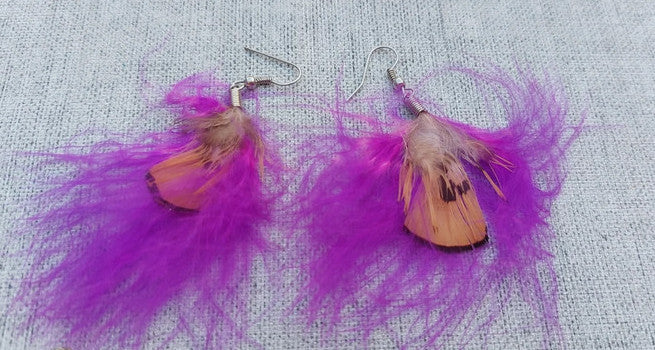 Boucles d'oreilles Amérindiennes plume violette - Crochets en argent 925