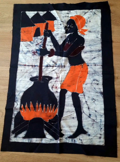 Batik africain du Burkina Faso, toile noire épaisse - Femme faisant la cuisine