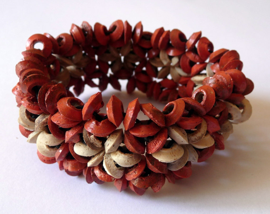  BRACELET ORANGE ET BEIGE EN PERLES DE NOIX DE COCO