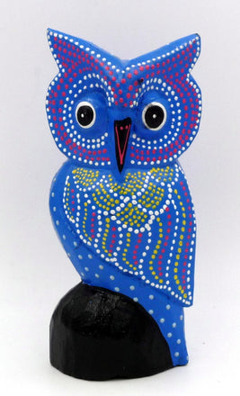  CHOUETTE HIBOU BLEU EN BOIS PEINT 21,5 CM