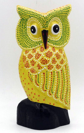  CHOUETTE HIBOU JAUNE EN BOIS PEINT 21,5 CM