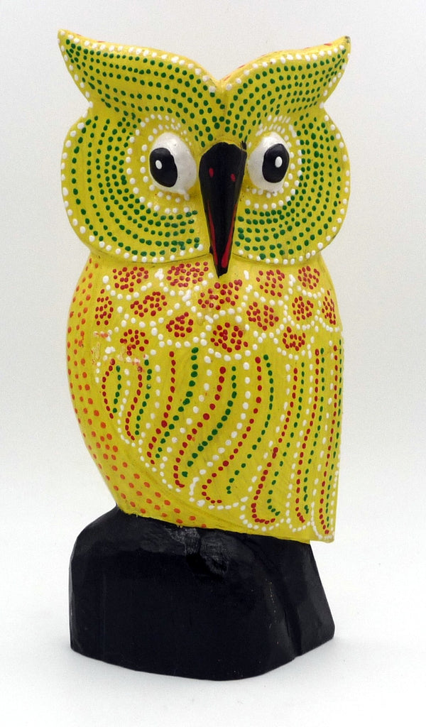  CHOUETTE HIBOU JAUNE EN BOIS PEINT 18 CM