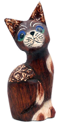 Chat marron en bois peint yeux bleus verts
