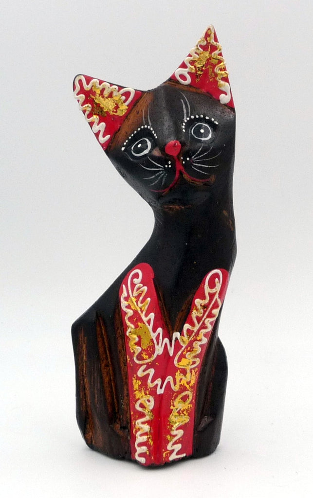 Chat rouge en bois peint 15 cm Singapadu