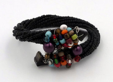 BRACELET NOIR EN PERLES DE ROCAILLE MULTICOLORES ET PIERRES