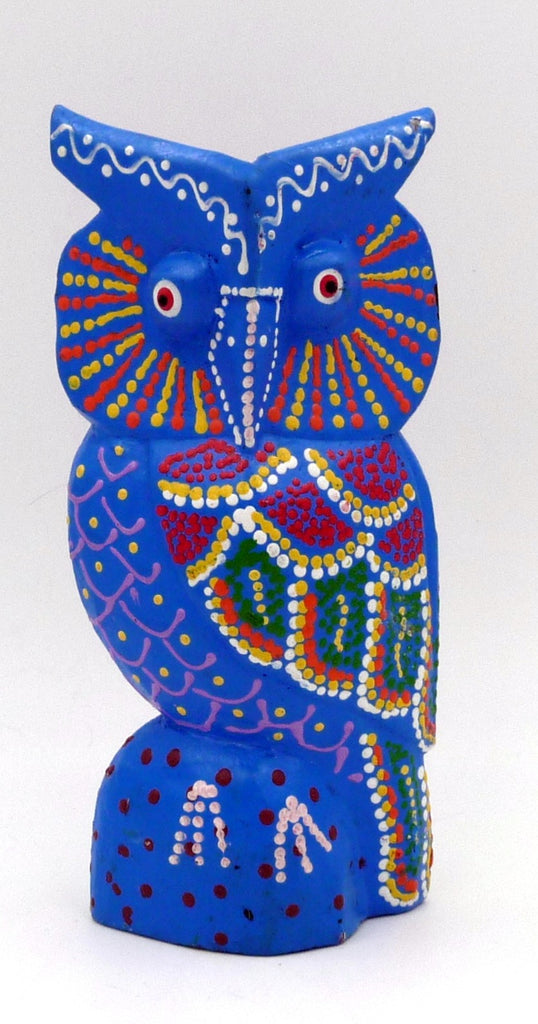 Chouette hibou bleu en bois peint 14,5 cm