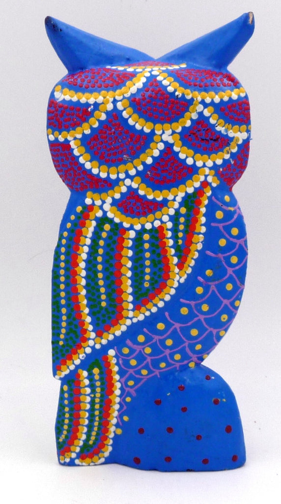 Chouette hibou bleu en bois peint 17,5 cm
