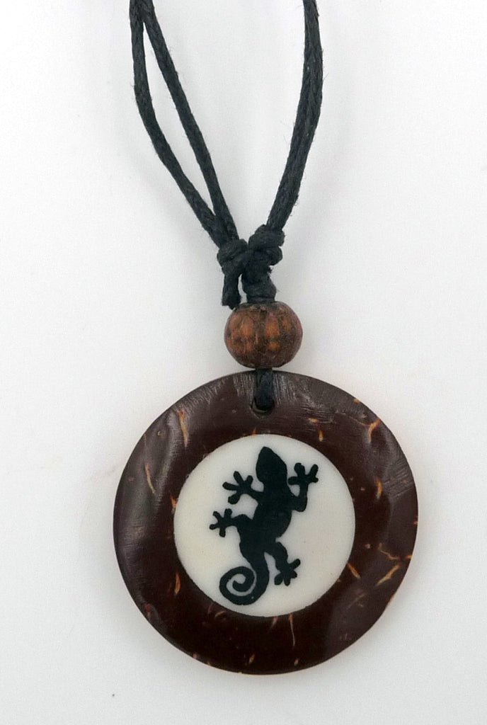 Collier surf pendentif gecko en cuir médaillon en bois de cocotier