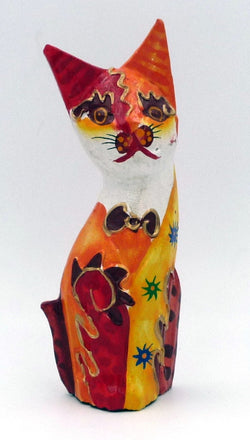 Chat orange en bois peint artisanat Bali 15 cm