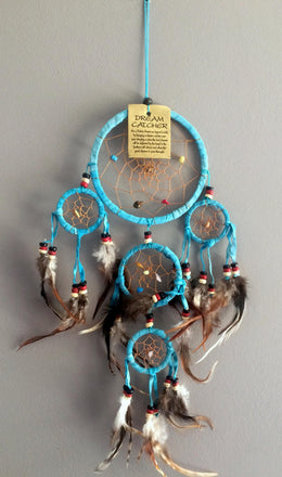 Capteur de reve attrape reve dreamcatcher bleu turquoise en plumes, cuir et pierres