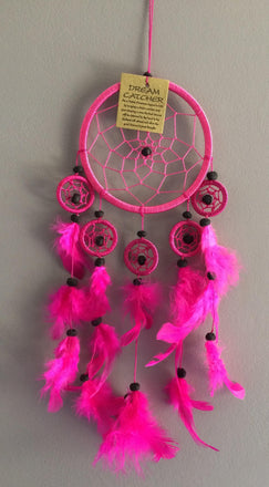 Capteur de reve attrape reve dreamcatcher rose 5 cercles plumes roses