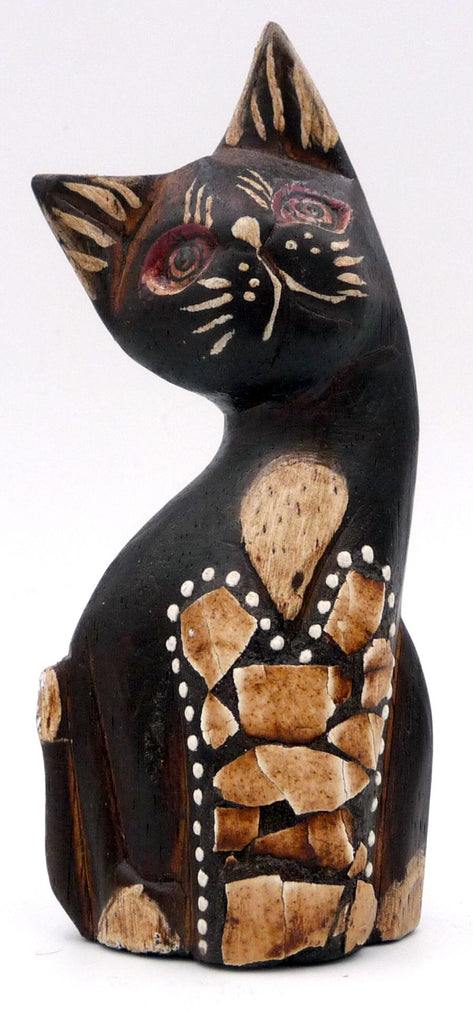 Chat en bois peint et coquille d'oeuf  artisanat Indonésie 15 cm