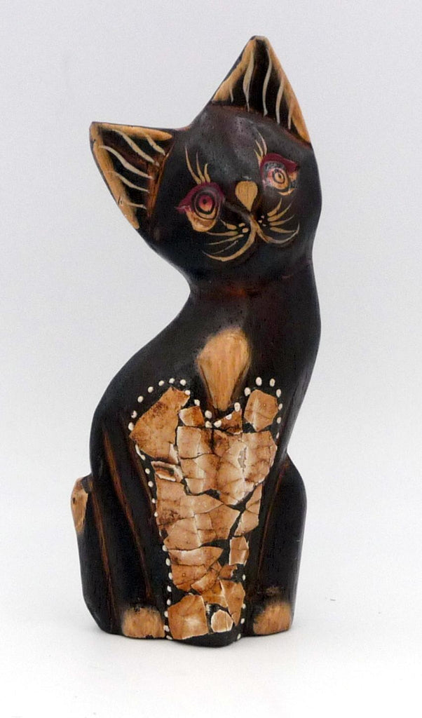 Chat en bois peint et coquille d'oeuf artisanat Indonésie 12,5 cm
