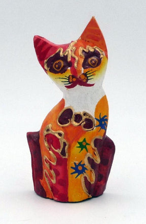 Chat orange en bois peint artisanat Bali 9 cm