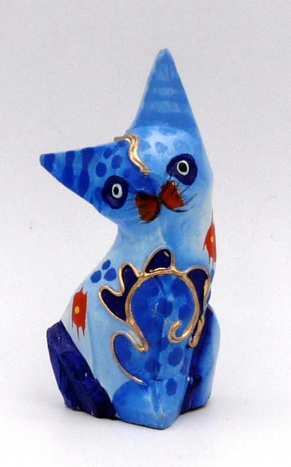 Chat bleu en bois peint artisanat Bali 9 cm